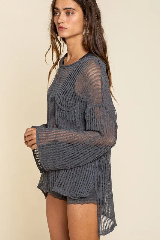 Loose Fit See-through Boat Neck POL Sweater