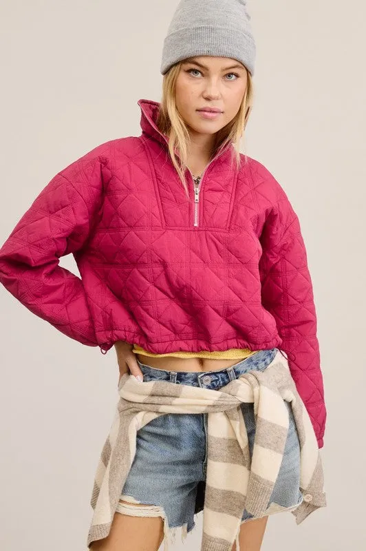 Magenta Quilted Puffer Sweater With Collared Zipper