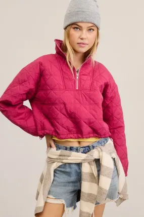 Magenta Quilted Puffer Sweater With Collared Zipper