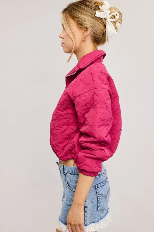 Magenta Quilted Puffer Sweater With Collared Zipper