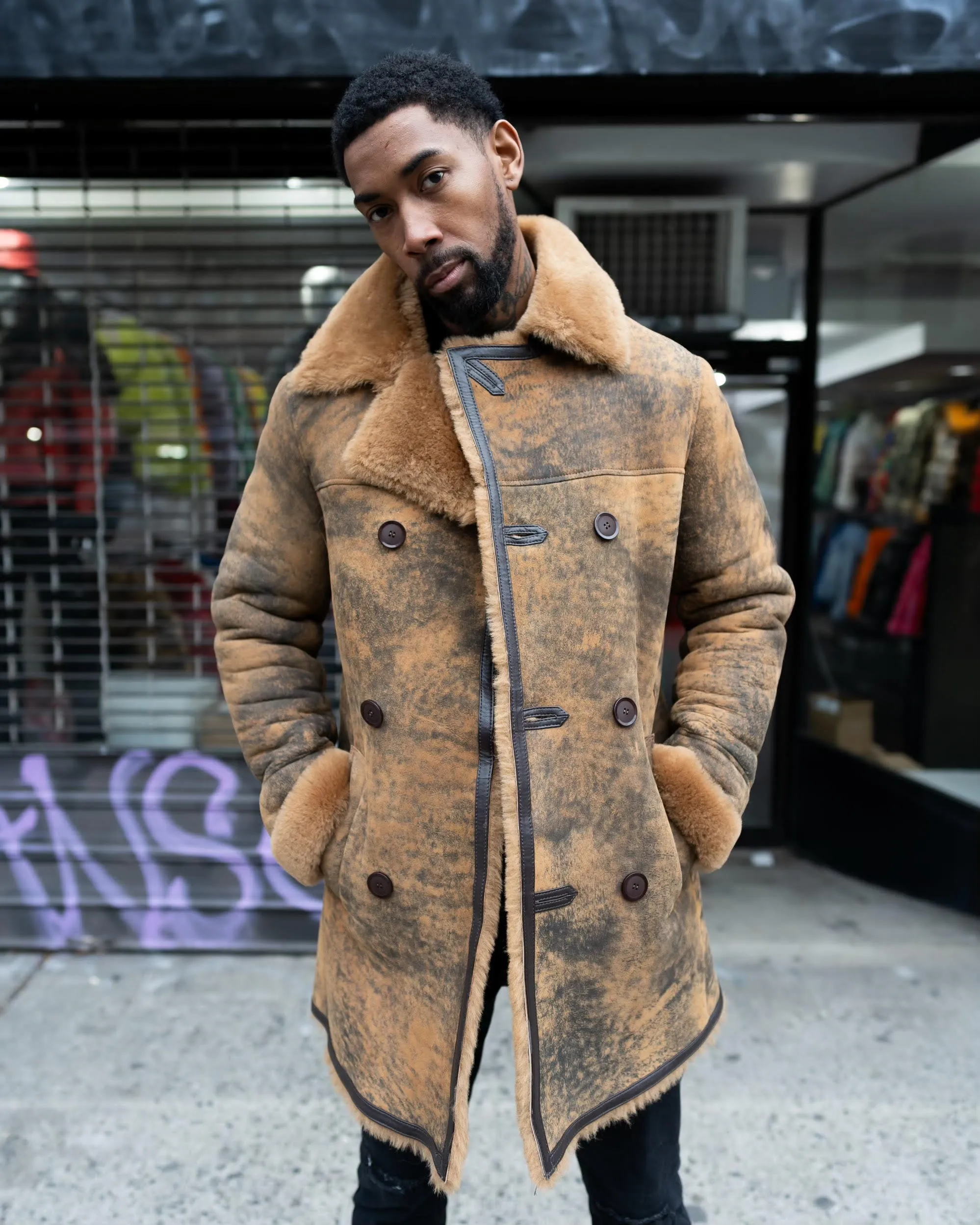 MEN SHEARLING- DISTRESSED RUST 3/4 PEACOAT STYLE