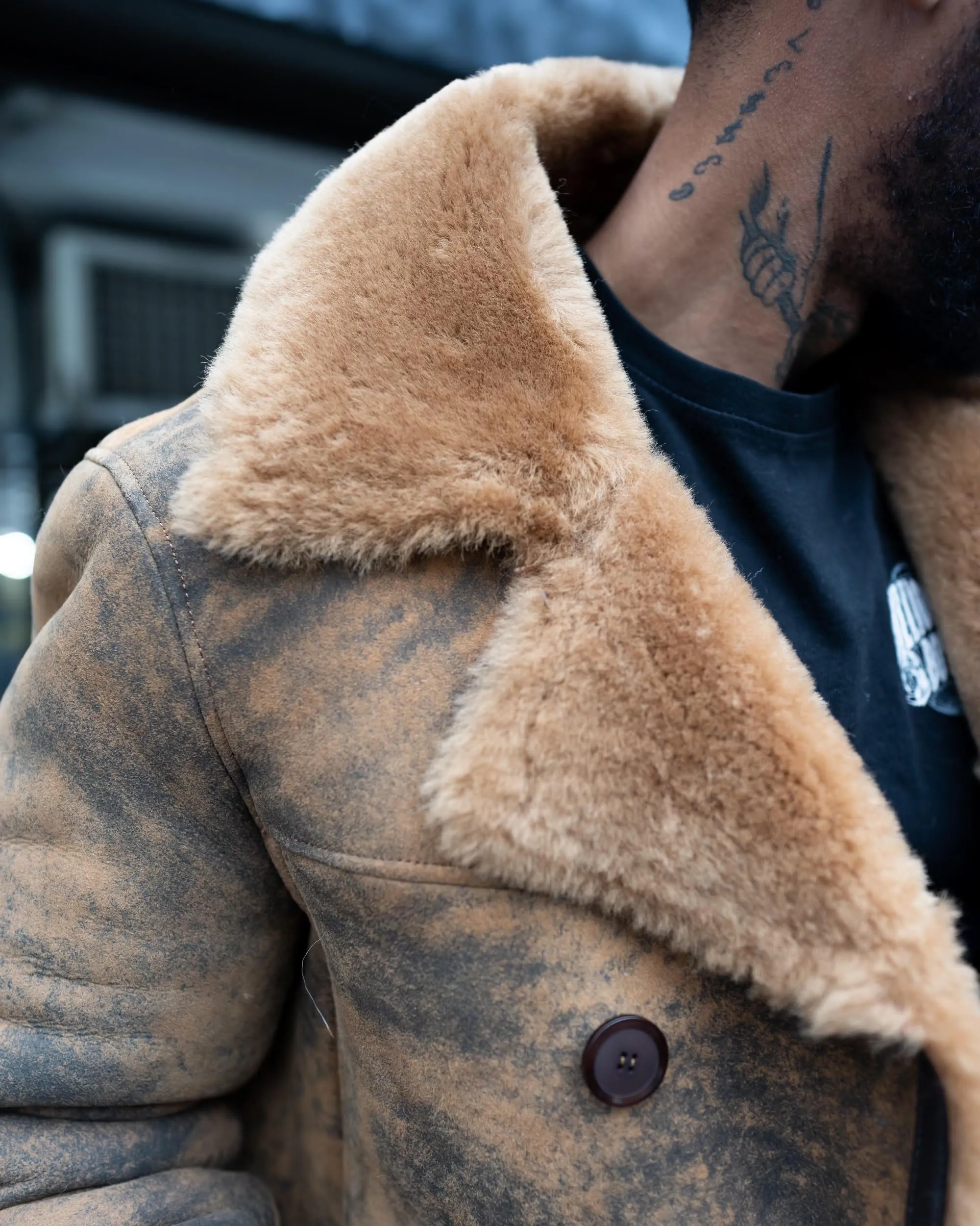 MEN SHEARLING- DISTRESSED RUST 3/4 PEACOAT STYLE