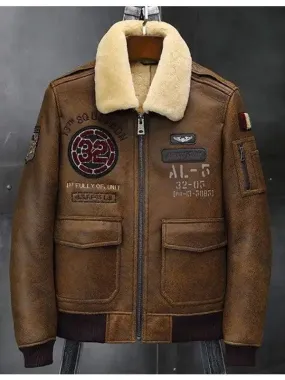 Men's B3 Flying Leather Shearling Bomber Jacket with Embroidered Design