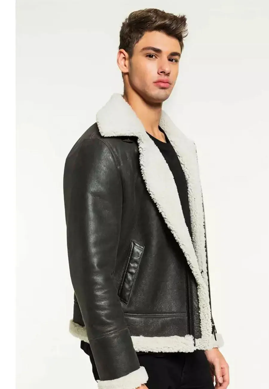 Men’s Black Leather White Shearling Jacket