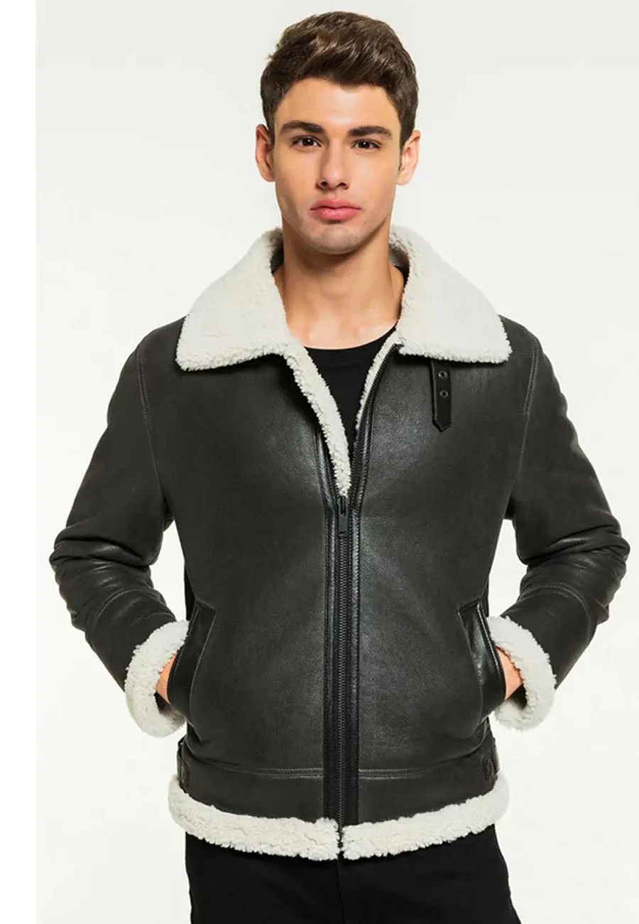 Men’s Black Leather White Shearling Jacket