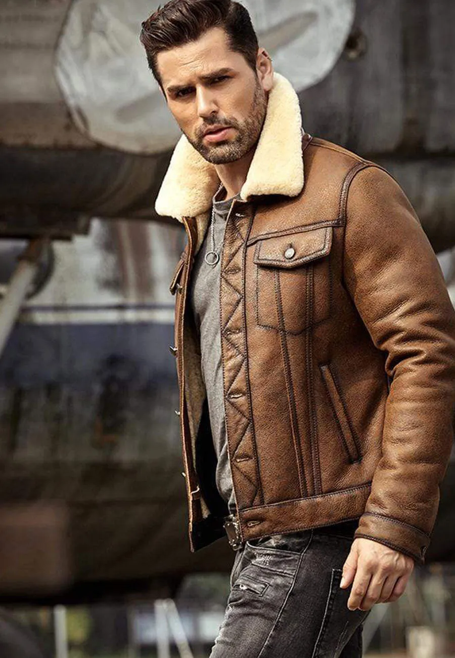 Men’s Brown B3 Shearling Flight Aviator Coat Jacket