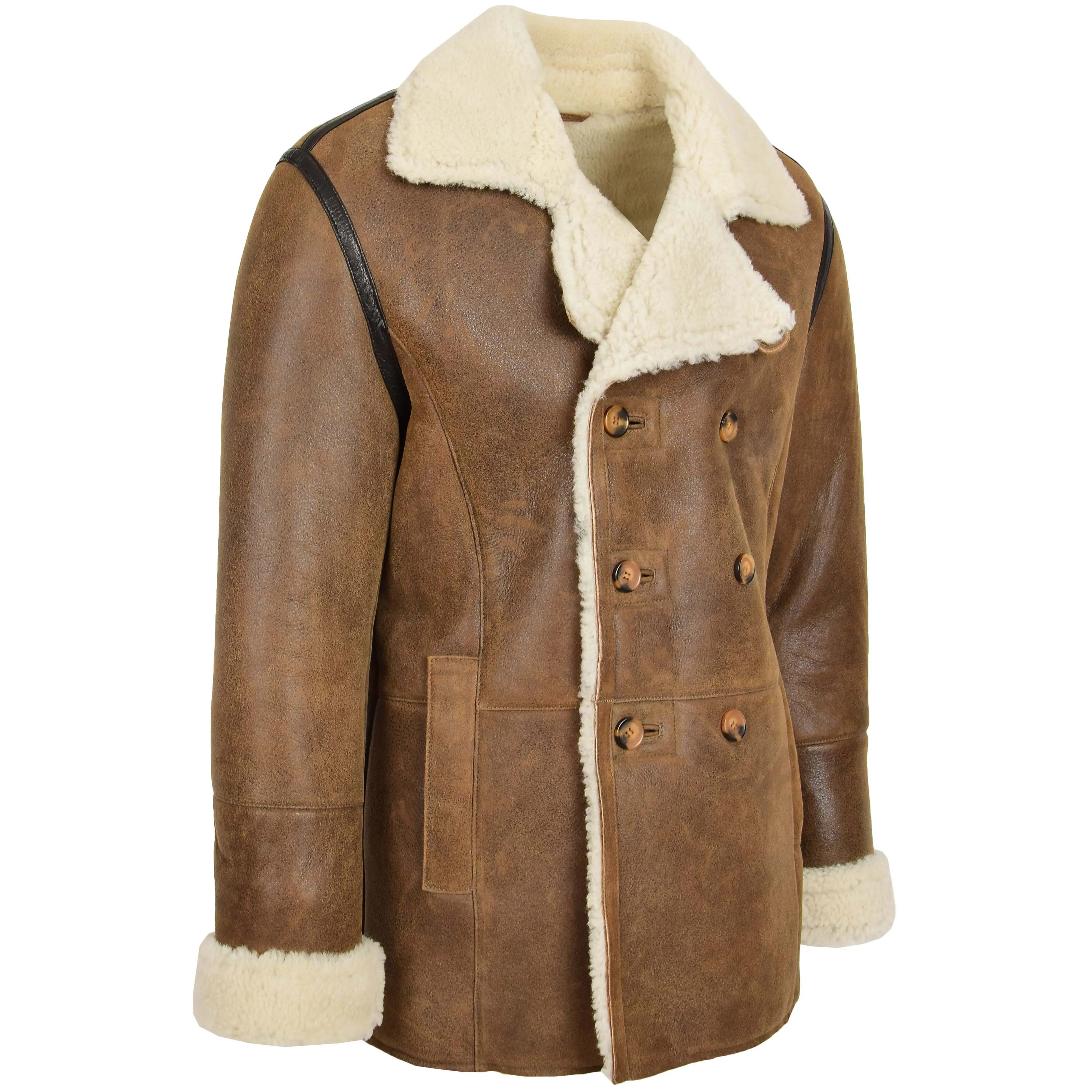 Mens Double Breasted Sheepskin Jacket Theo Cognac