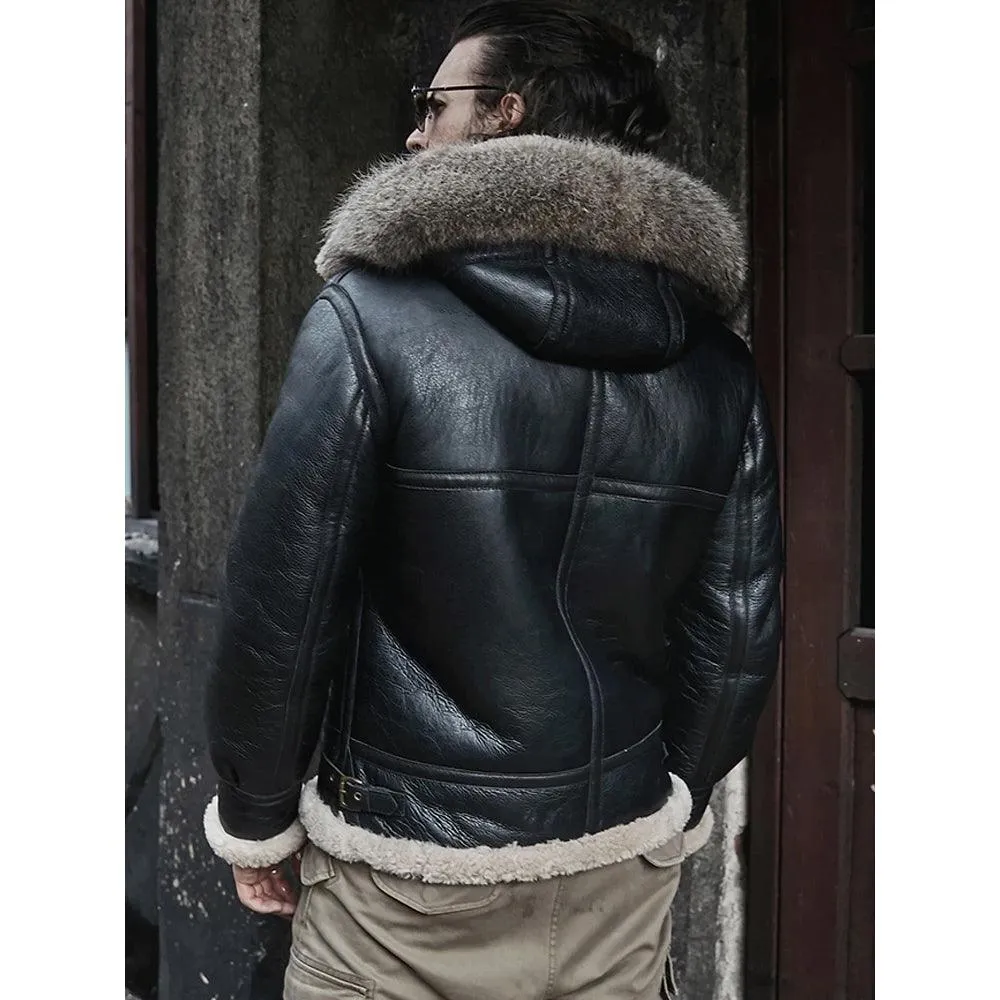 Men's Hooded RAF Aviator B3 Sheepskin Shearling Jacket in Black