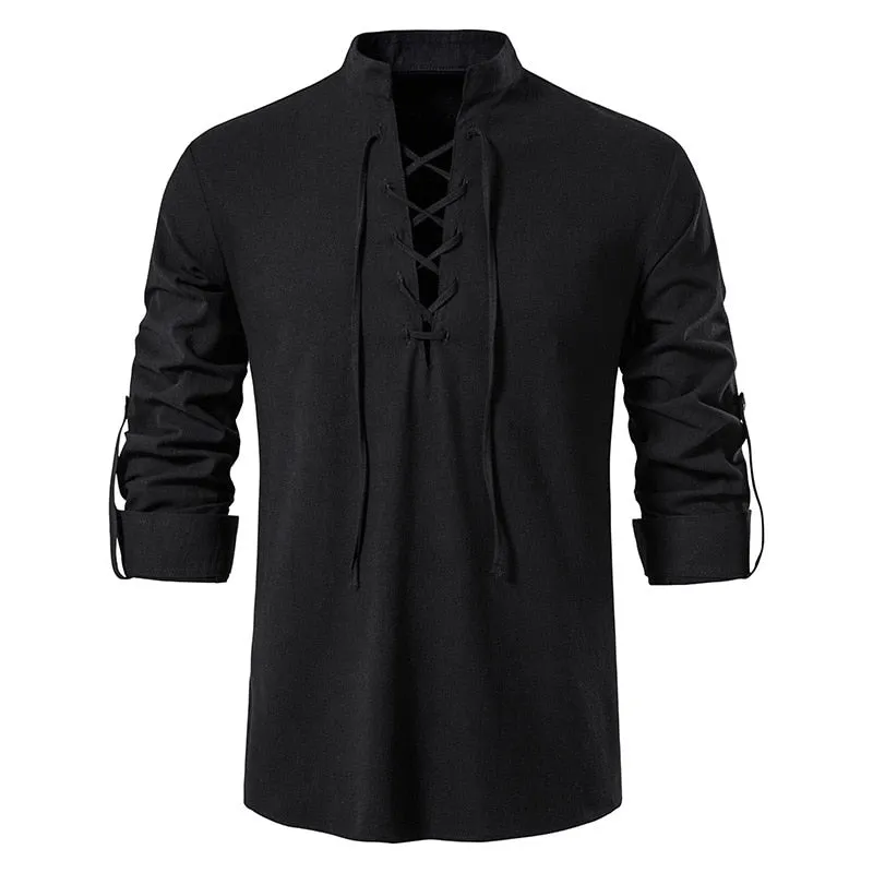 Mens Scottish Jacobite Ghillie Kilt Shirts Medieval Renaissance Pirate Costume Long Sleeve Lace Up Henley Shirt Men Camisas XXL