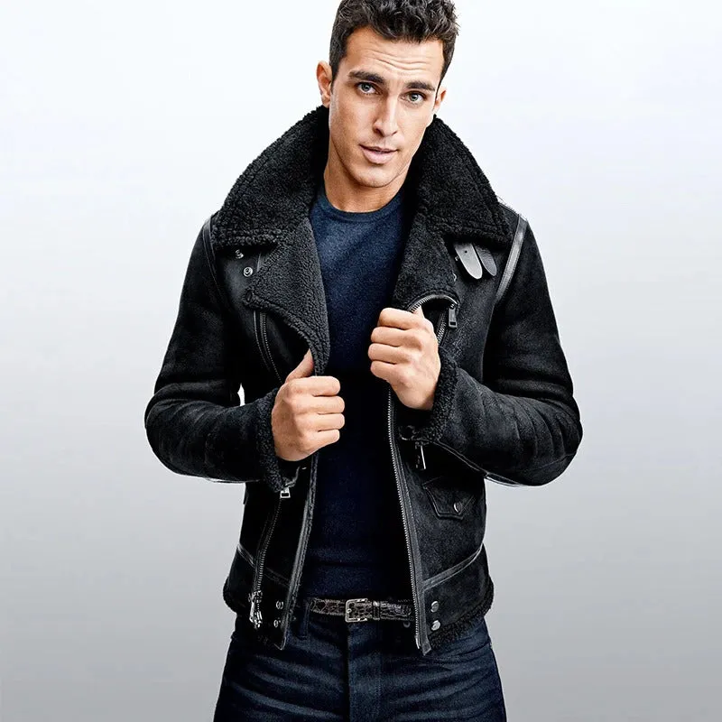 Men's Vintage Genuine Leather Jacket: Classic Rider Style with Sheepskin Shearling Fur