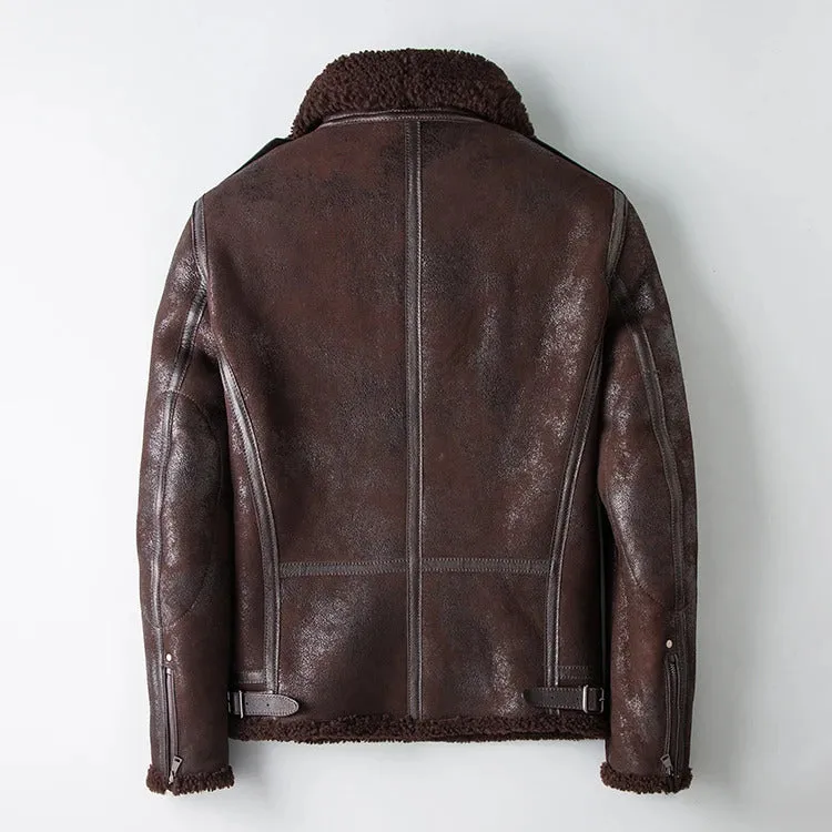 Men's Vintage Genuine Leather Jacket: Classic Rider Style with Sheepskin Shearling Fur