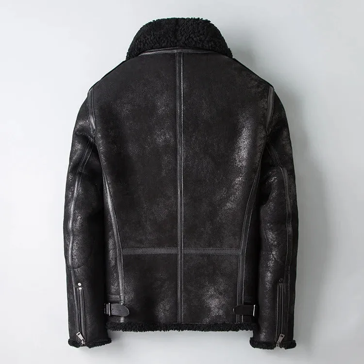 Men's Vintage Genuine Leather Jacket: Classic Rider Style with Sheepskin Shearling Fur