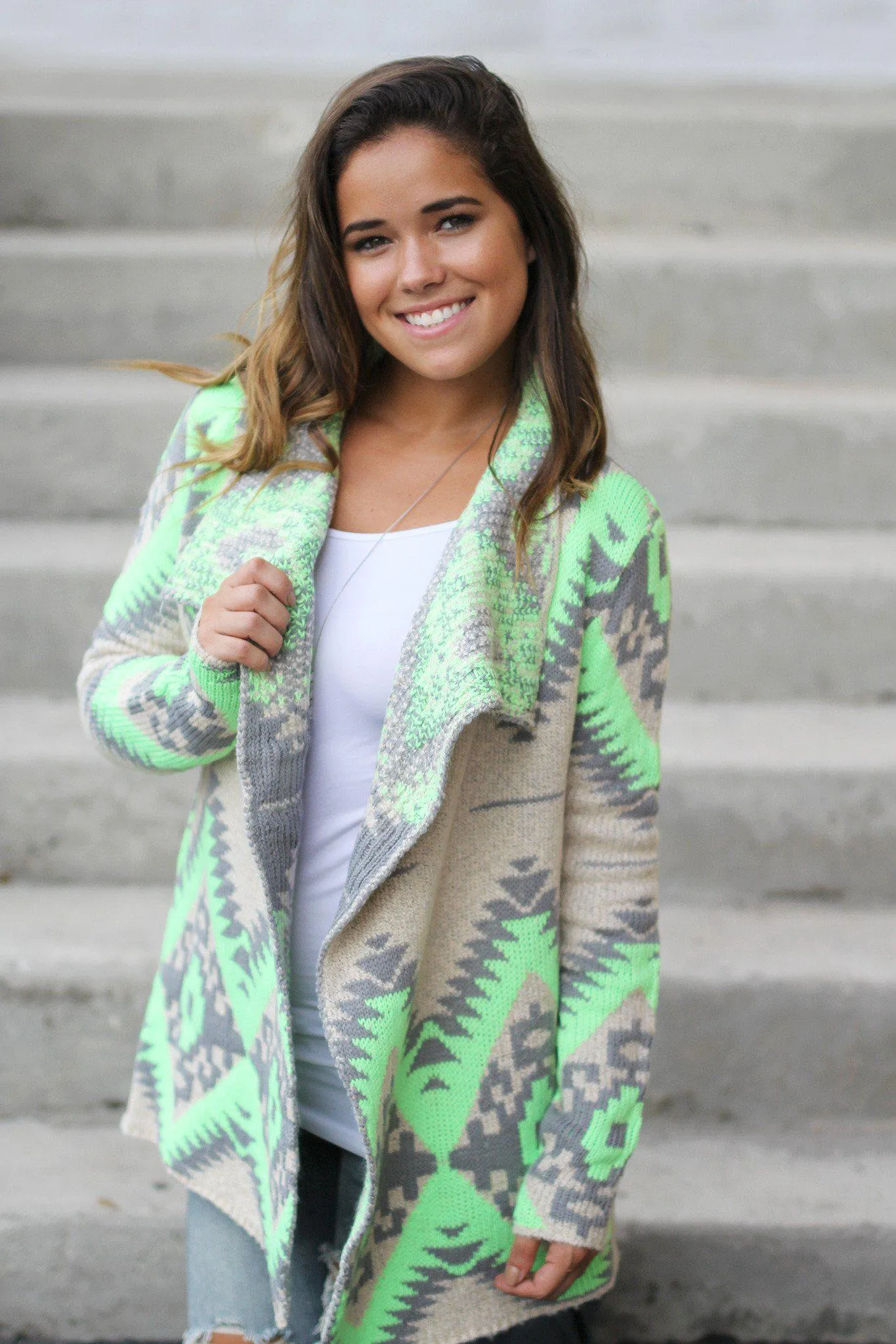 Neon Lime and Gray Aztec Cardigan