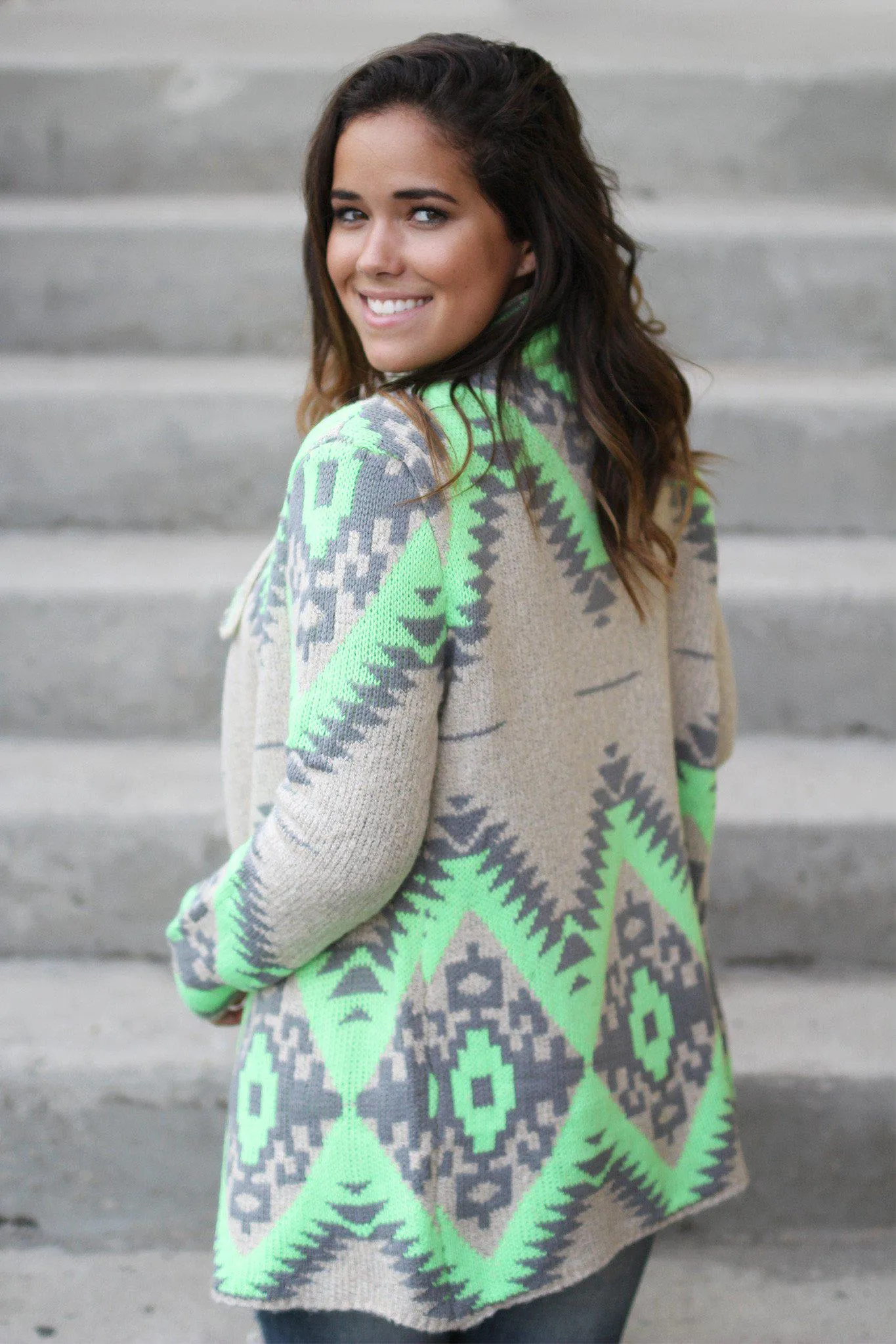 Neon Lime and Gray Aztec Cardigan