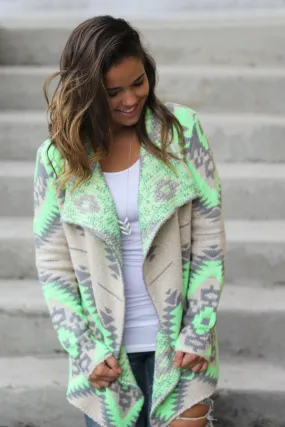 Neon Lime and Gray Aztec Cardigan