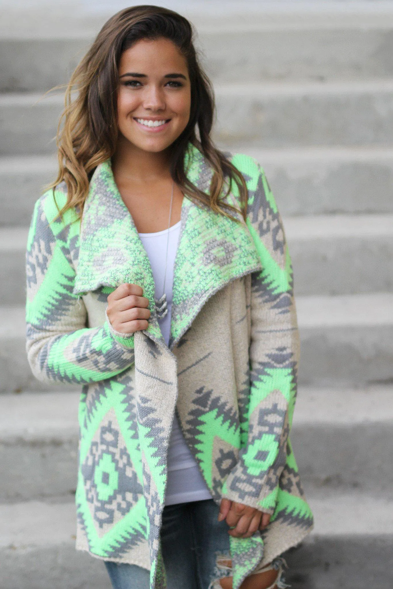 Neon Lime and Gray Aztec Cardigan