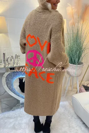 Neon Love Peace Chunky Knit Pocket Straight Midi Cardigan