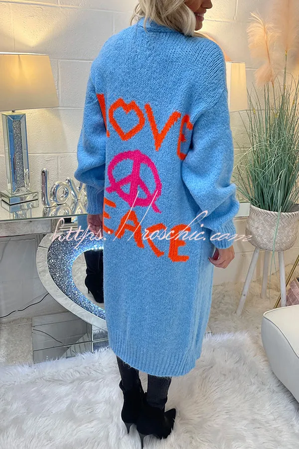 Neon Love Peace Chunky Knit Pocket Straight Midi Cardigan