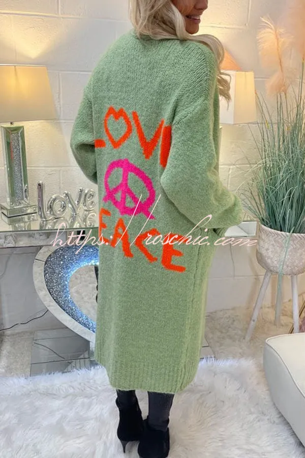 Neon Love Peace Chunky Knit Pocket Straight Midi Cardigan