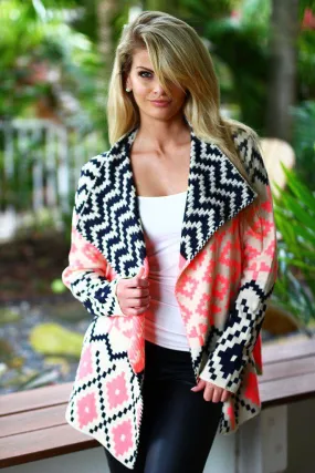 Neon Pink and Black Printed Cardigan