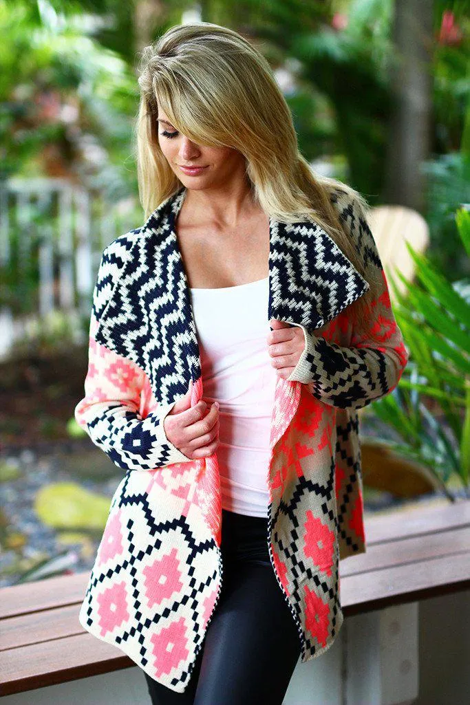 Neon Pink and Black Printed Cardigan