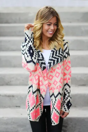 Neon Pink and Navy Printed Cardigan