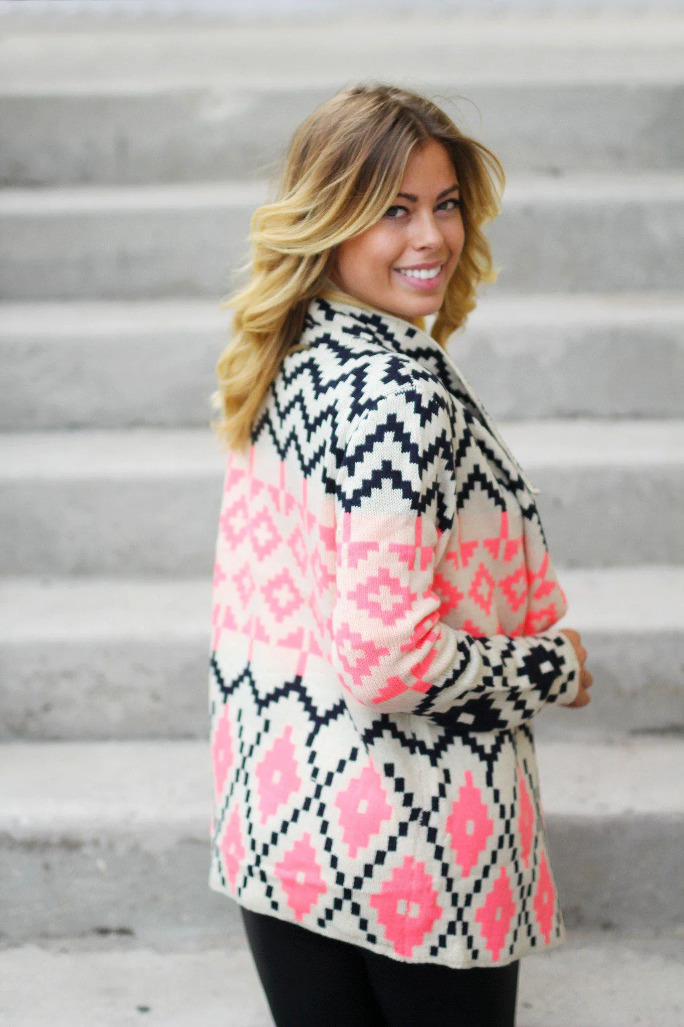 Neon Pink and Navy Printed Cardigan