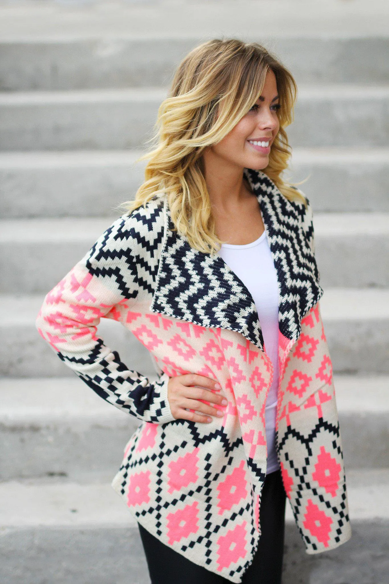 Neon Pink and Navy Printed Cardigan