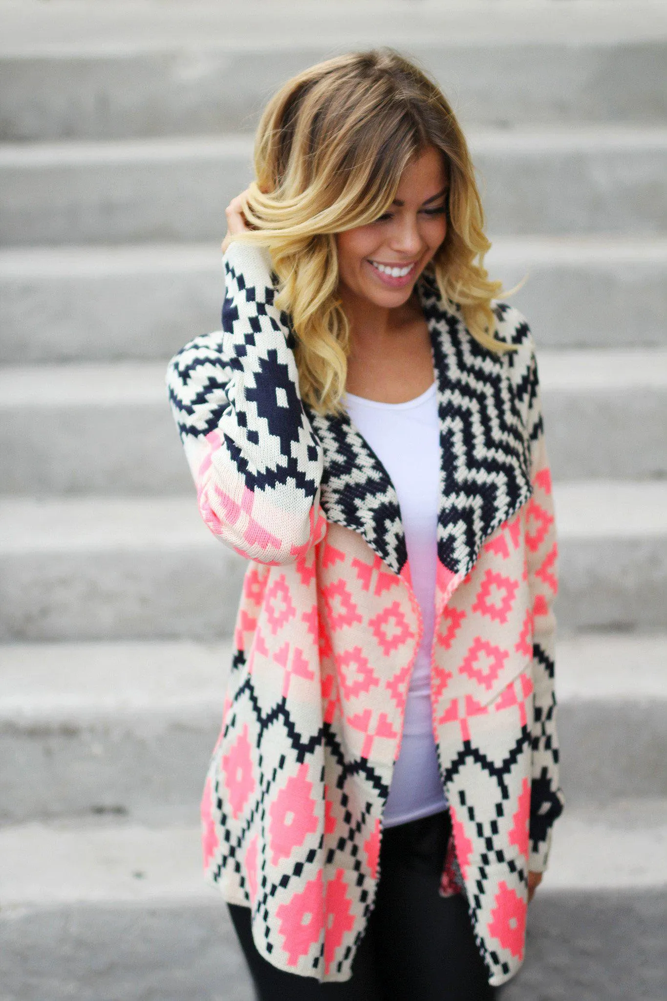 Neon Pink and Navy Printed Cardigan