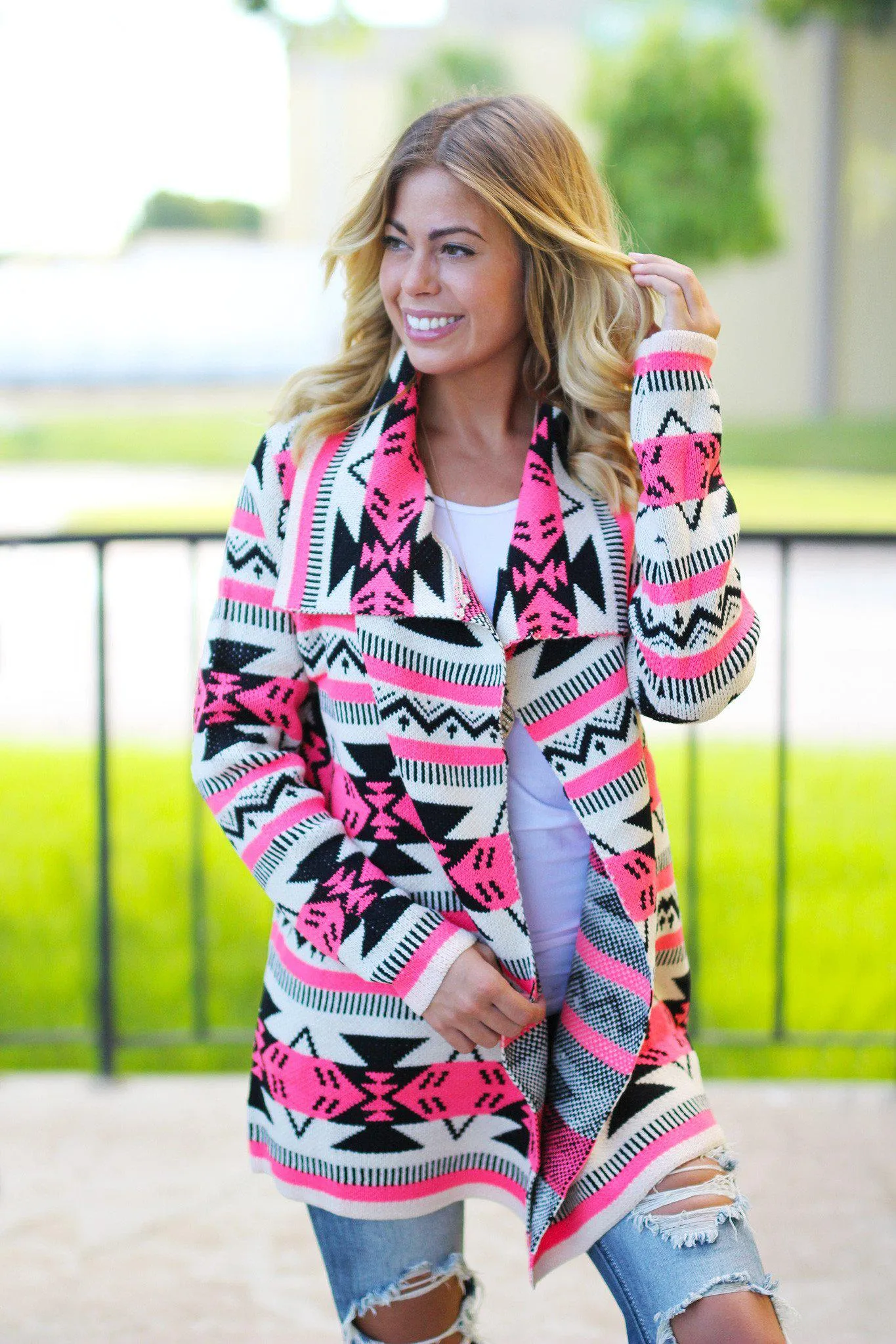 Neon Pink Aztec Cardigan