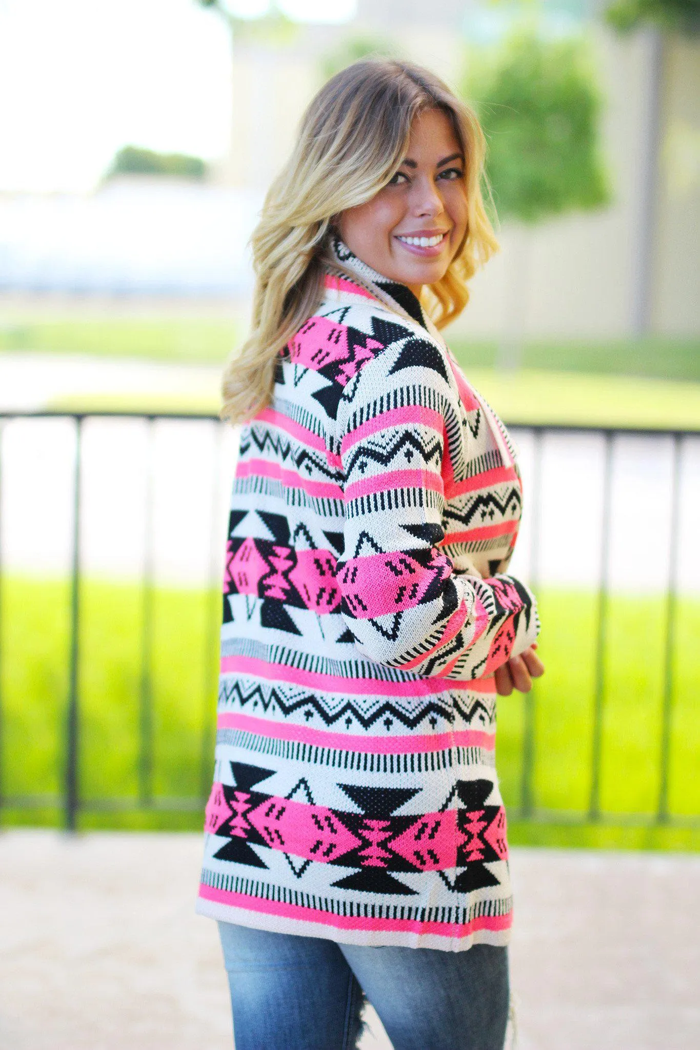 Neon Pink Aztec Cardigan