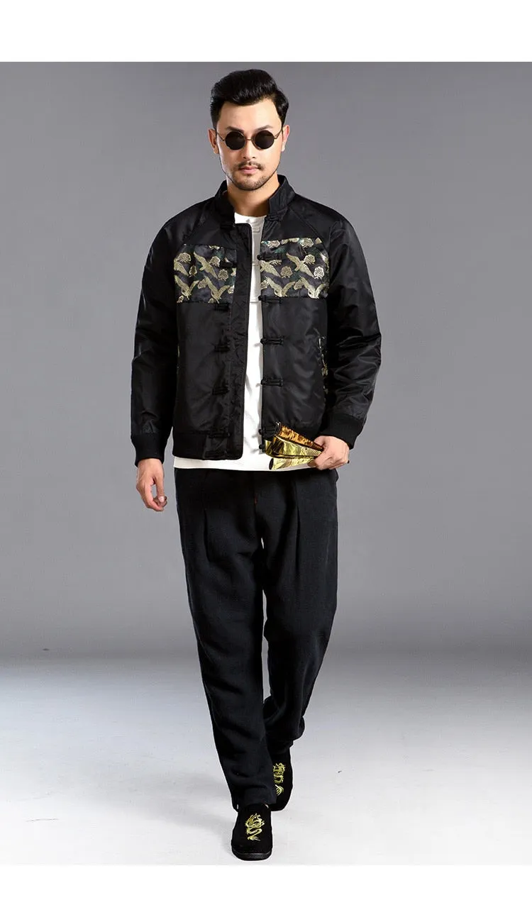 New Mandarin Embroidered Pattern with Chinese Button Men Jacket