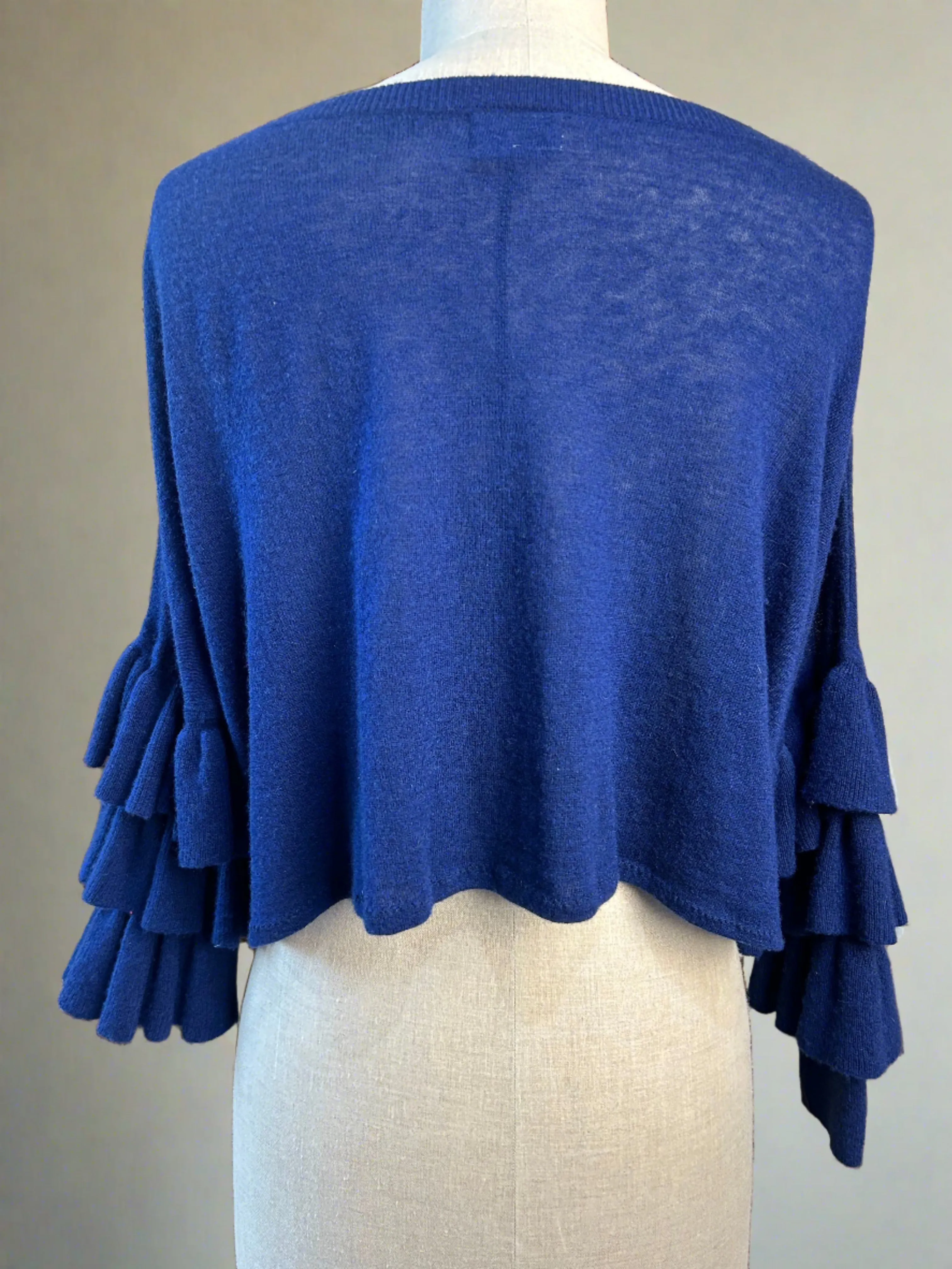 Nimpy Clothing upcycled 100% cashmere navy ruffles sleeves short cardigan small/medium