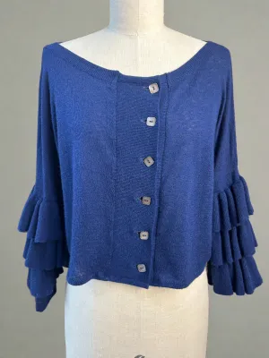 Nimpy Clothing upcycled 100% cashmere navy ruffles sleeves short cardigan small/medium