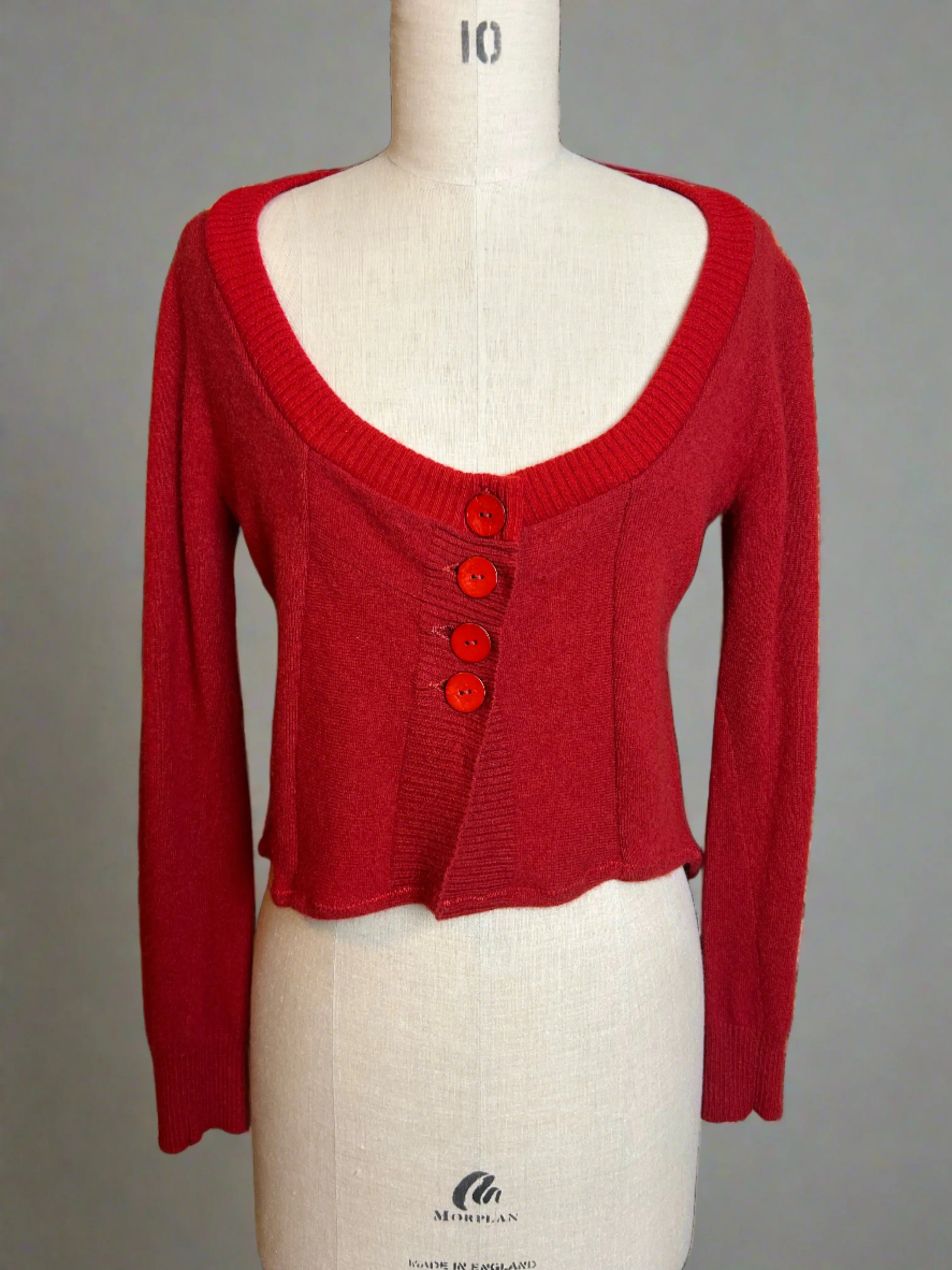 Nimpy Clothing upcycled 100% cashmere red short cardigan four coconut buttons small