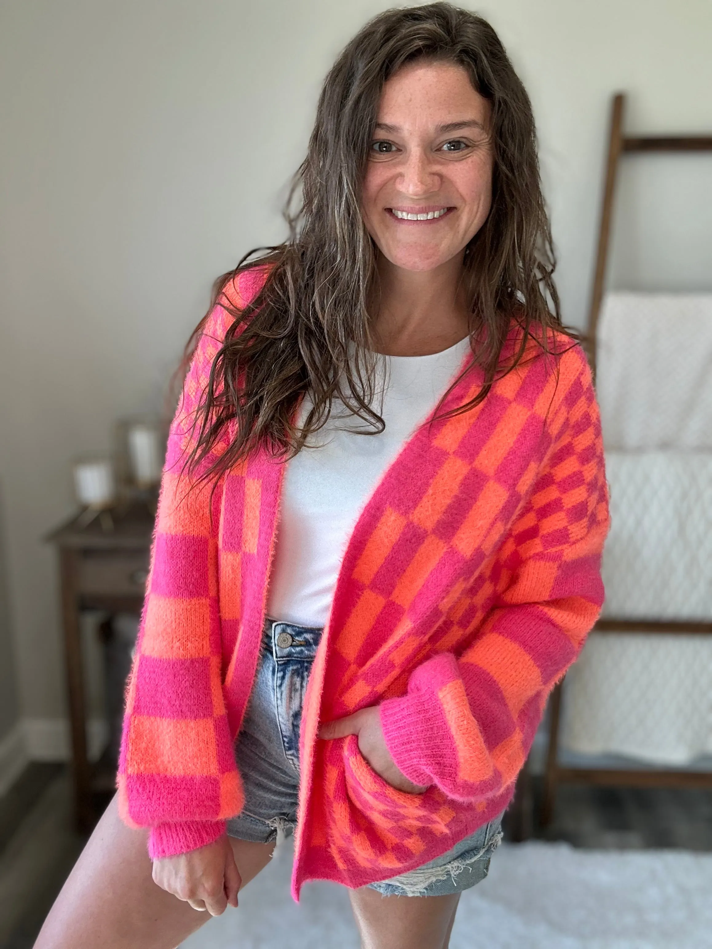 Noticed in Neon Checkered Cardigan in Pink and Orange