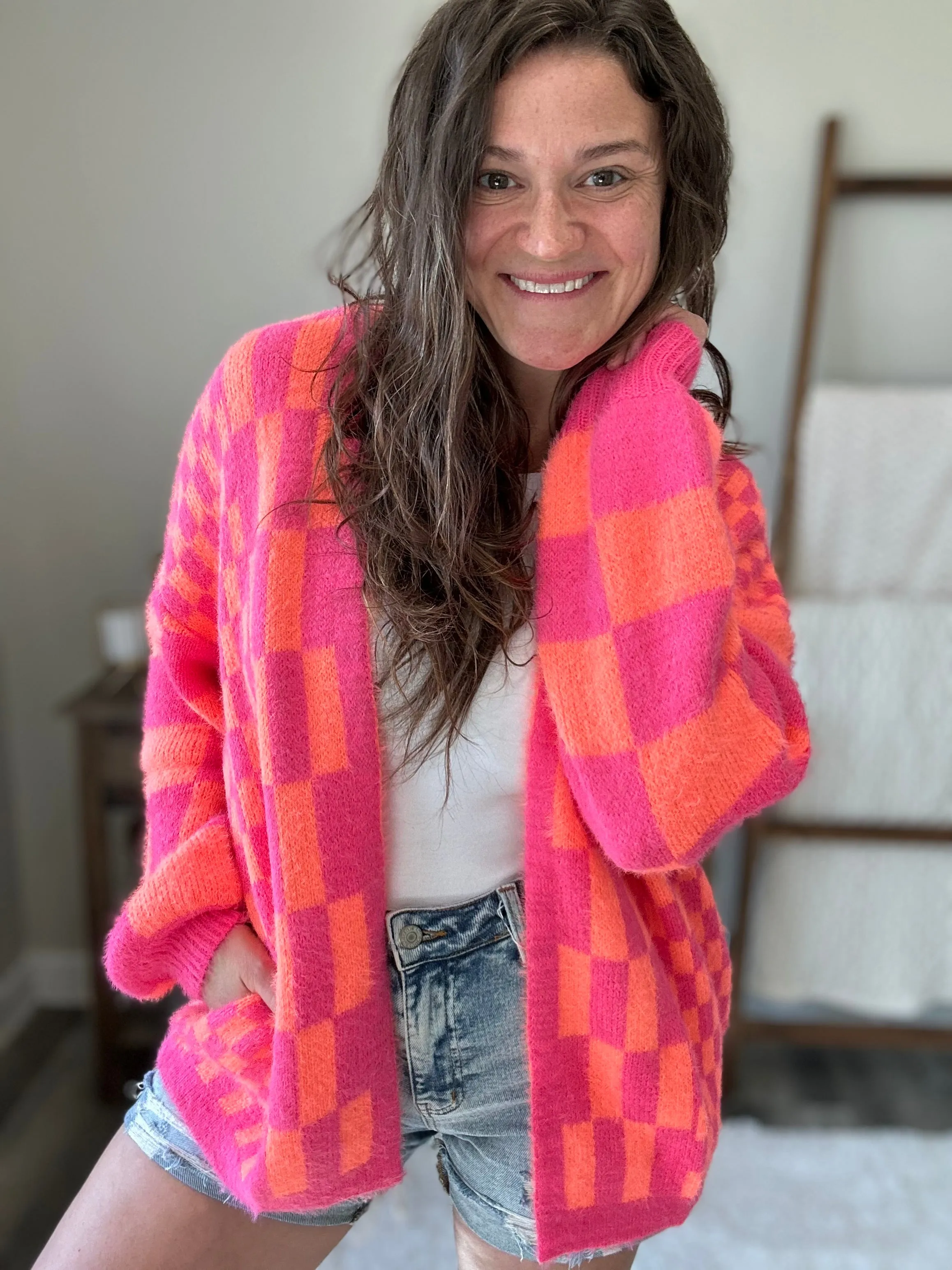 Noticed in Neon Checkered Cardigan in Pink and Orange