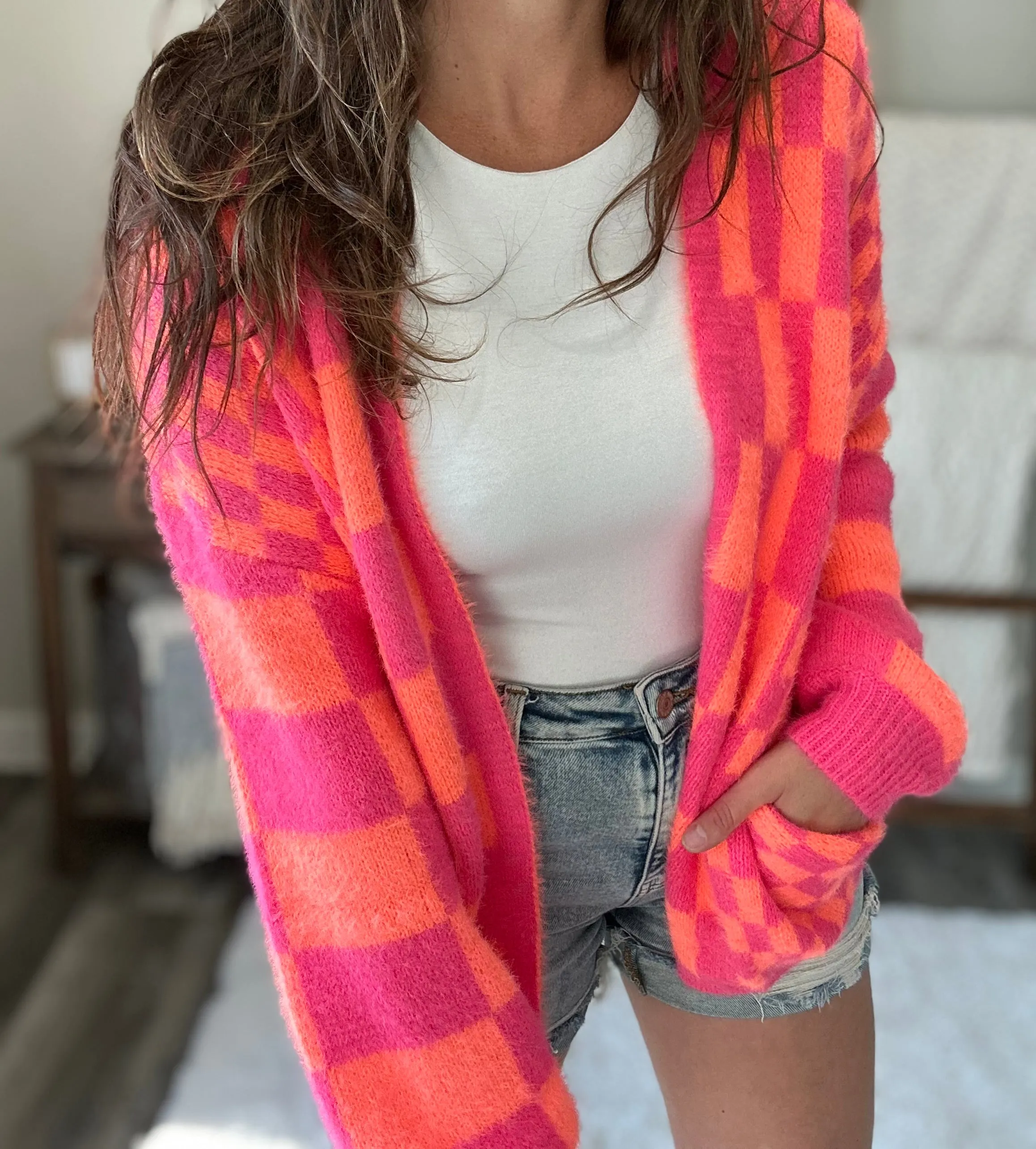 Noticed in Neon Checkered Cardigan in Pink and Orange