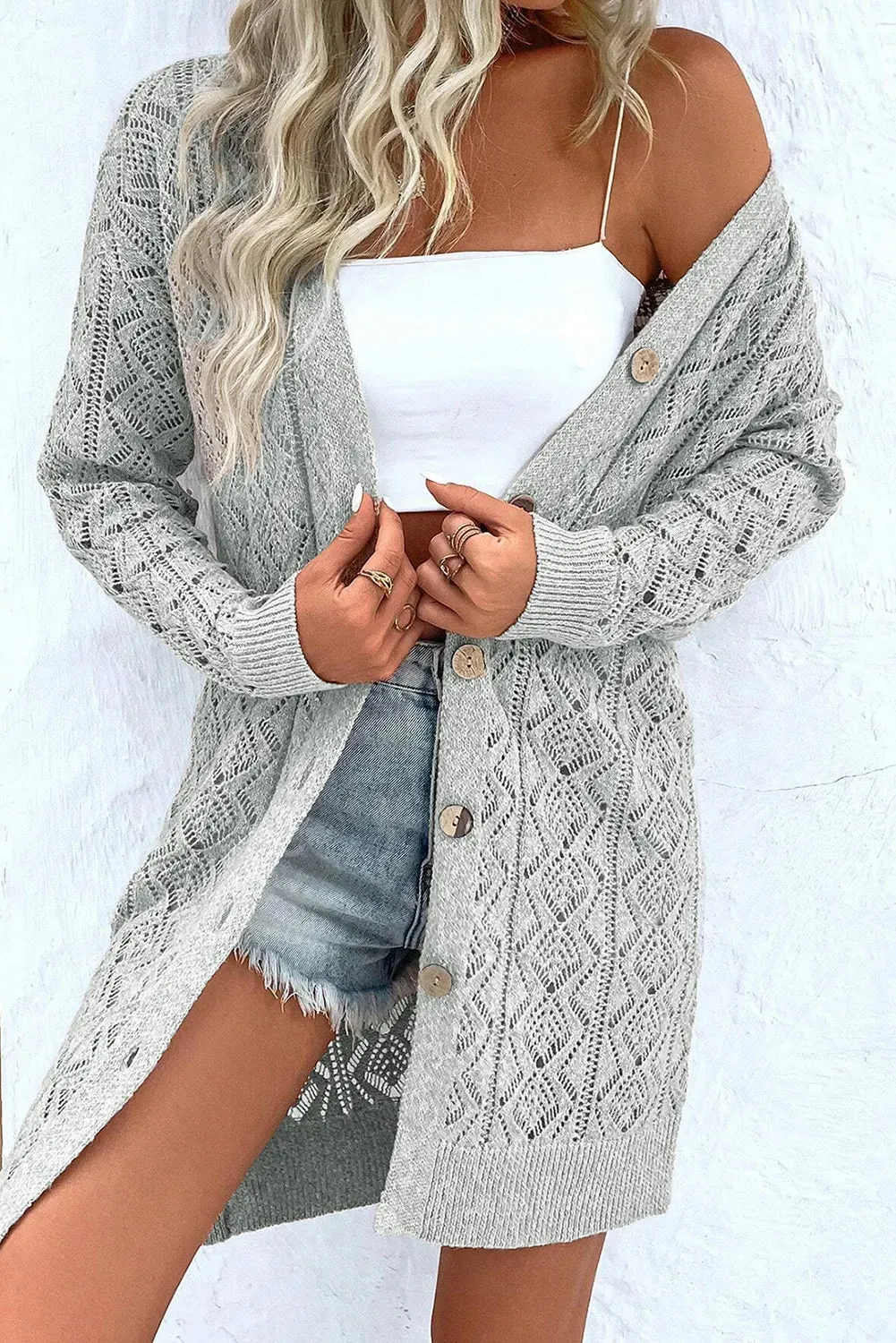 Openwork Button Down Long Sleeve Cardigan