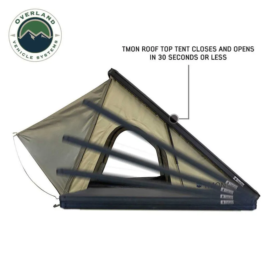 Overland Vehicle systems LD TMON Clamshell Aluminum Hard Shell Roof Top Tent - 2 Person Capacity, Tan Body & Green Rainfly