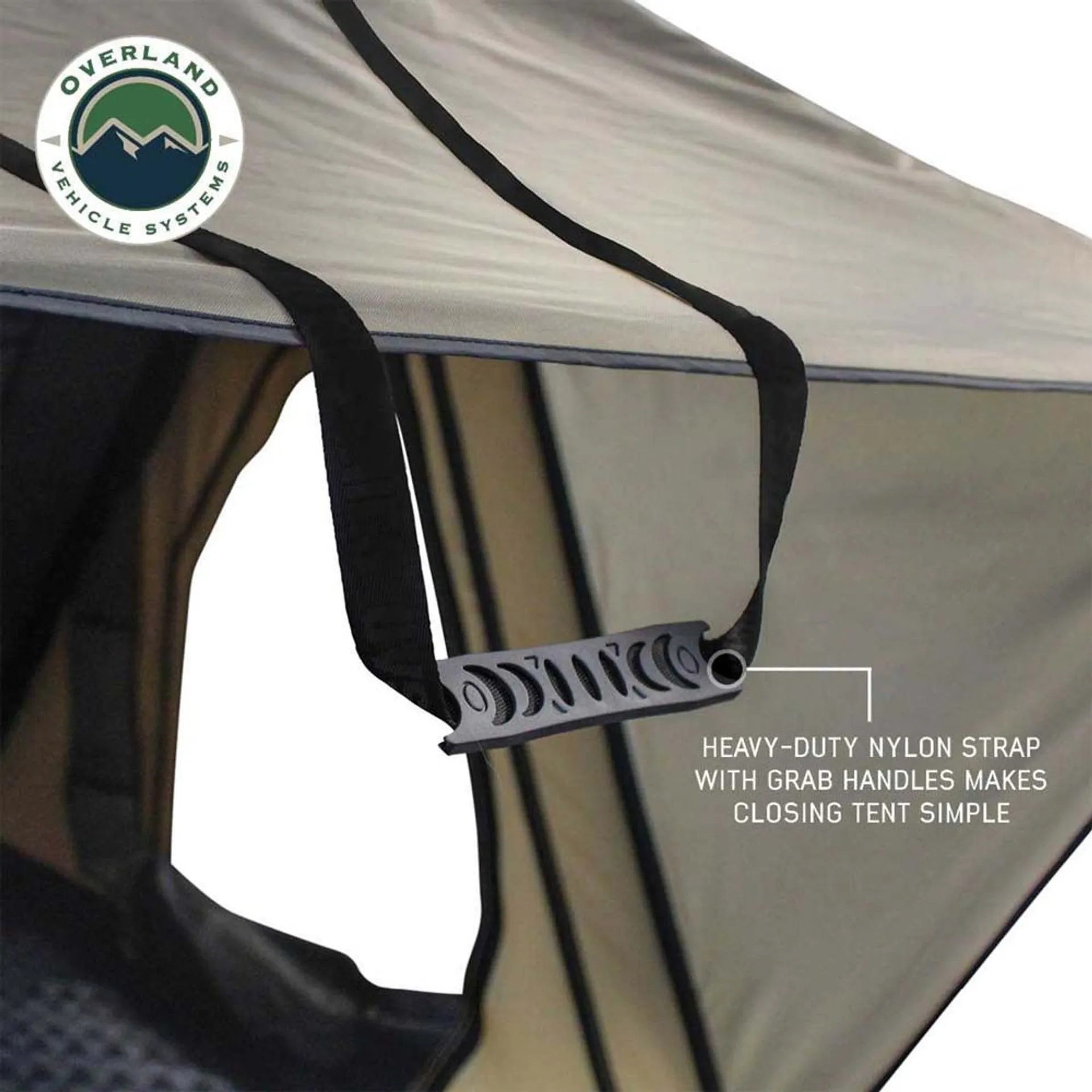 Overland Vehicle systems LD TMON Clamshell Aluminum Hard Shell Roof Top Tent - 2 Person Capacity, Tan Body & Green Rainfly