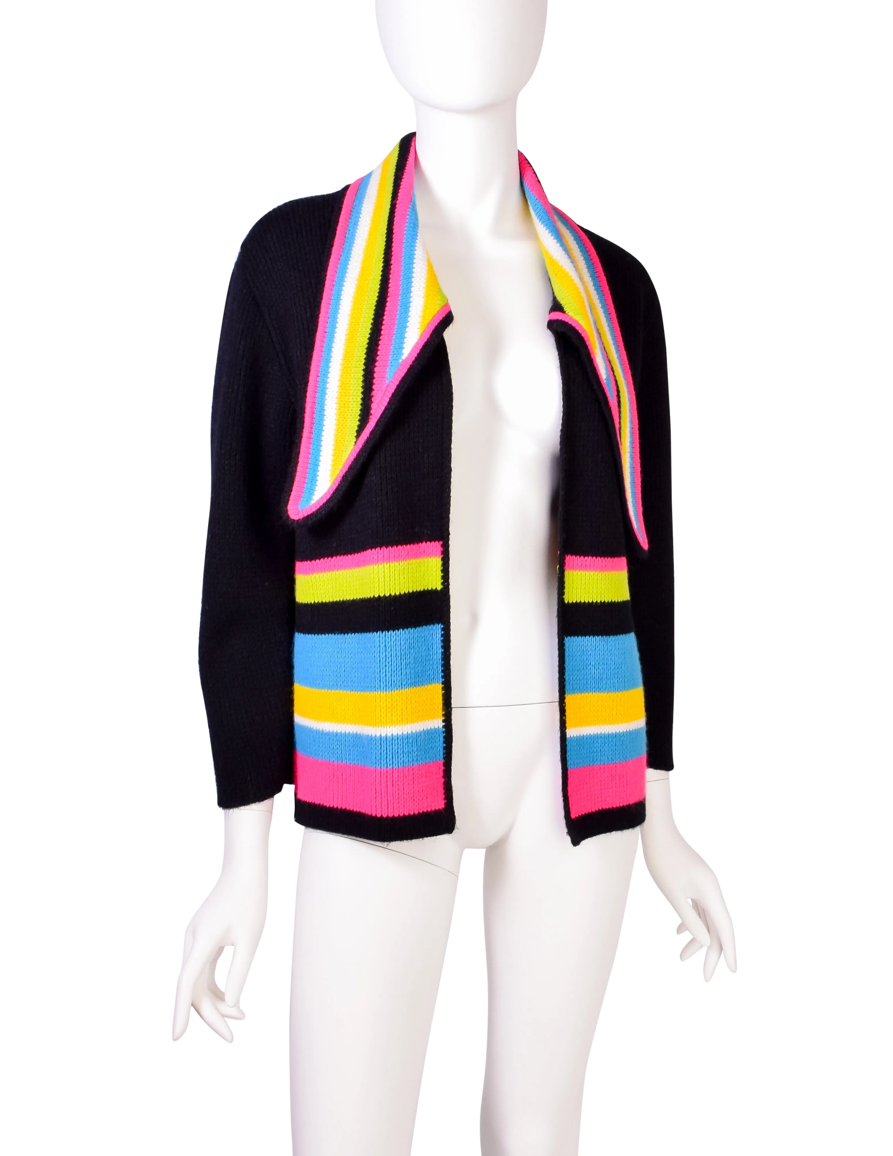 Pierre Cardin Vintage Black Neon Striped Knit Wool Cardigan Sweater Jacket