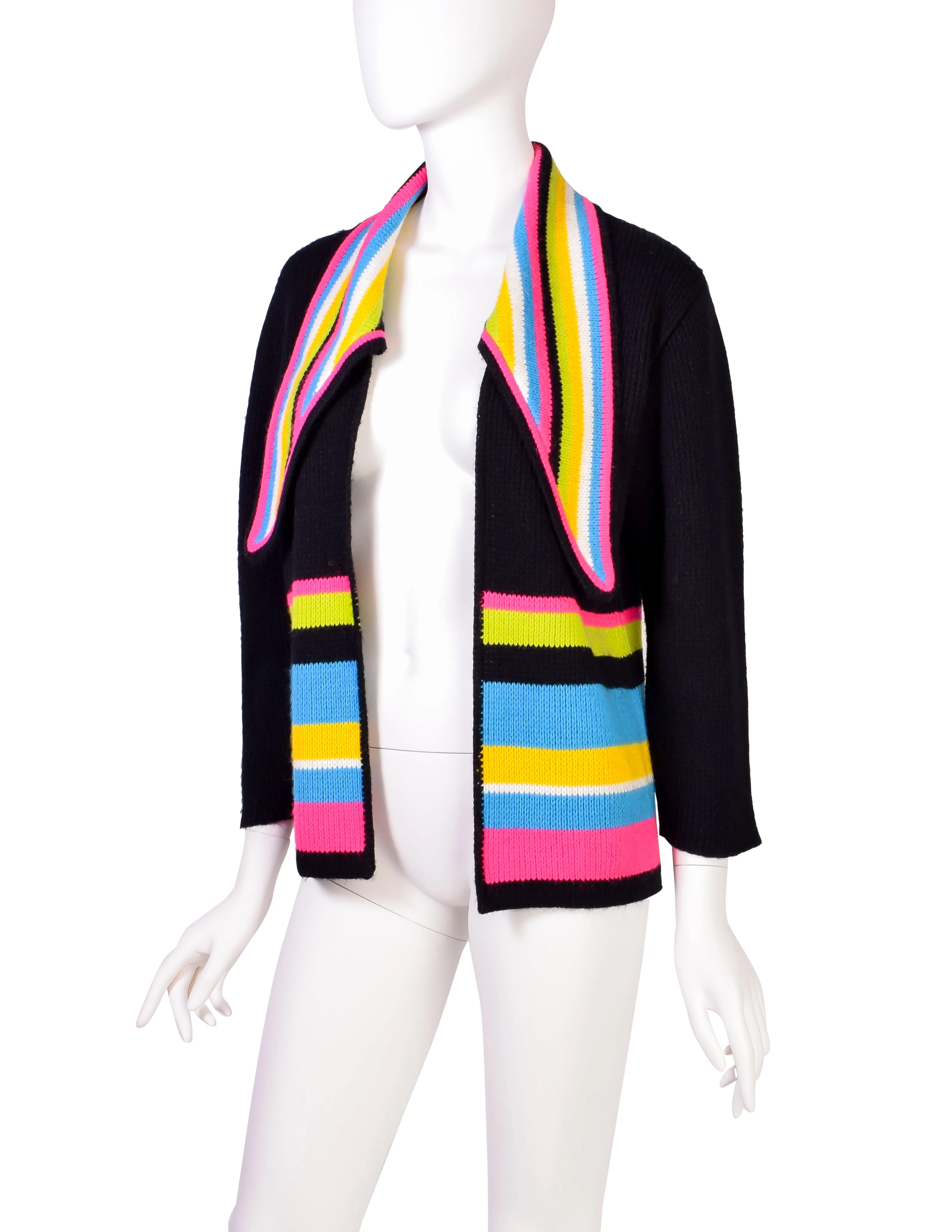 Pierre Cardin Vintage Black Neon Striped Knit Wool Cardigan Sweater Jacket