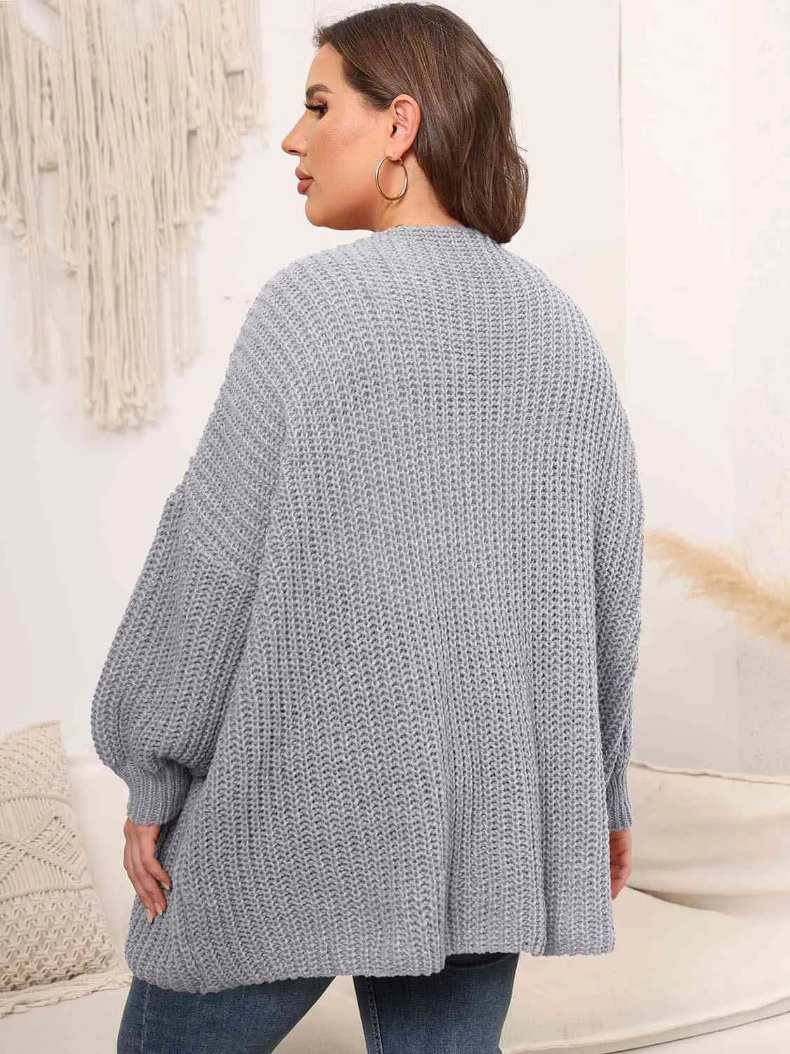 Plus Size Open Front Dropped Shoulder Knit Cardigan