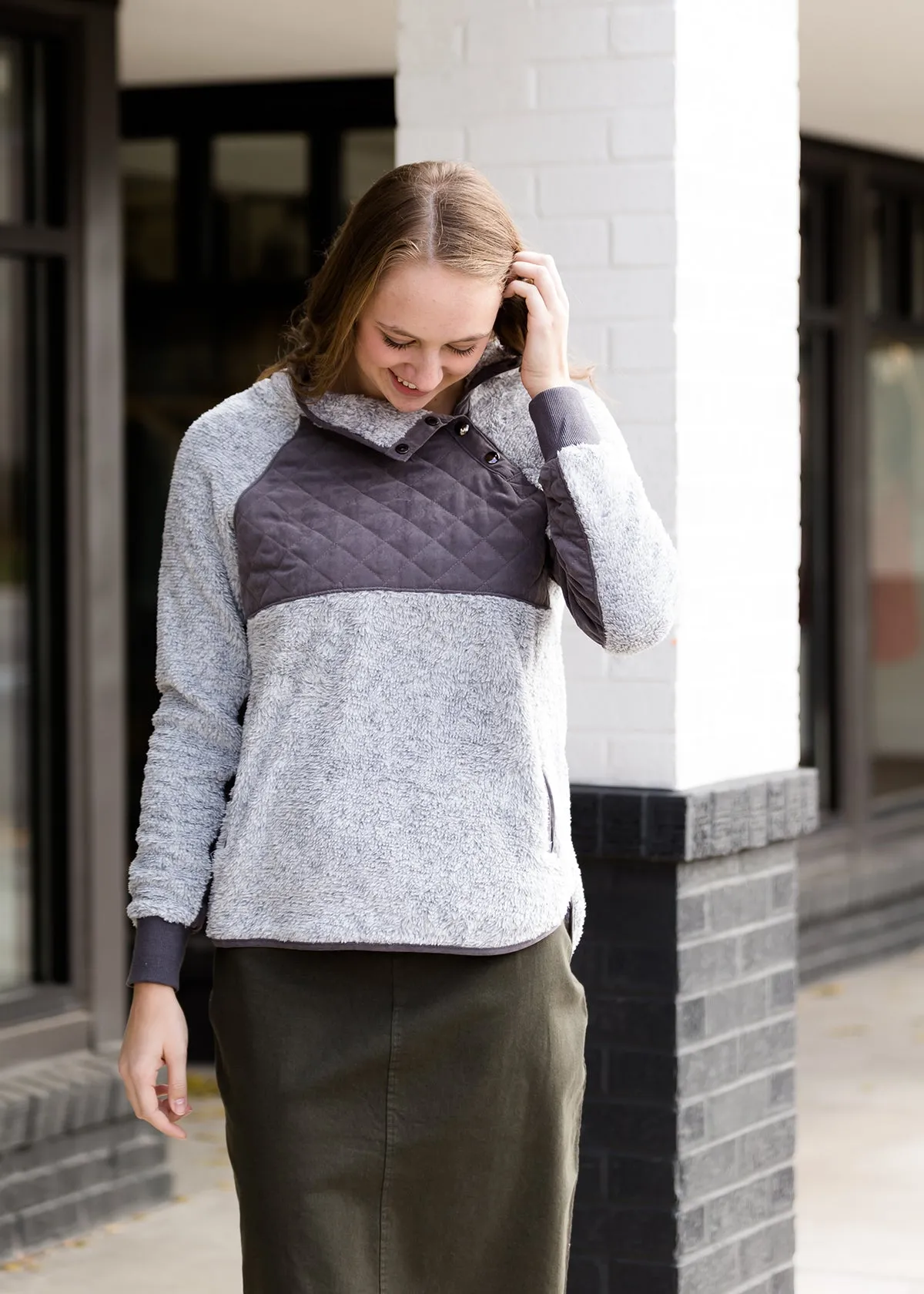 Pullover Asymmetrical Snap Sherpa Sweater - FINAL SALE