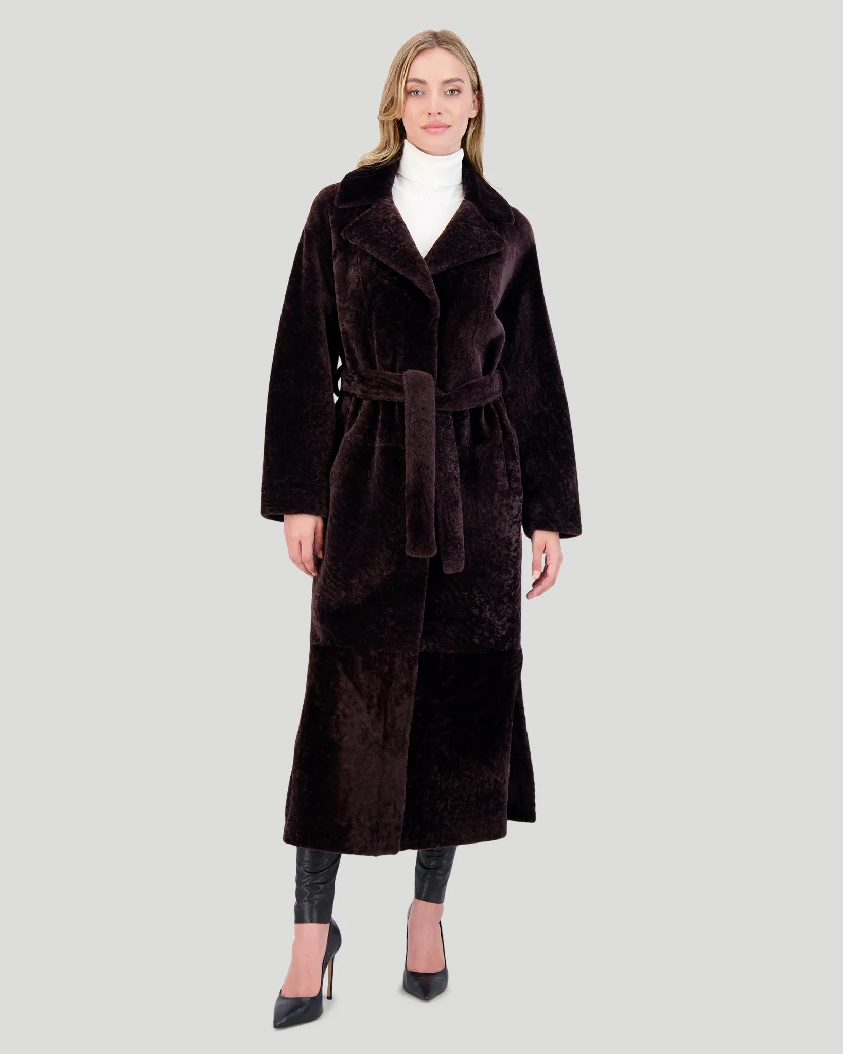 Reversible Select Shearling Lamb Coat with Side Slits and Belt