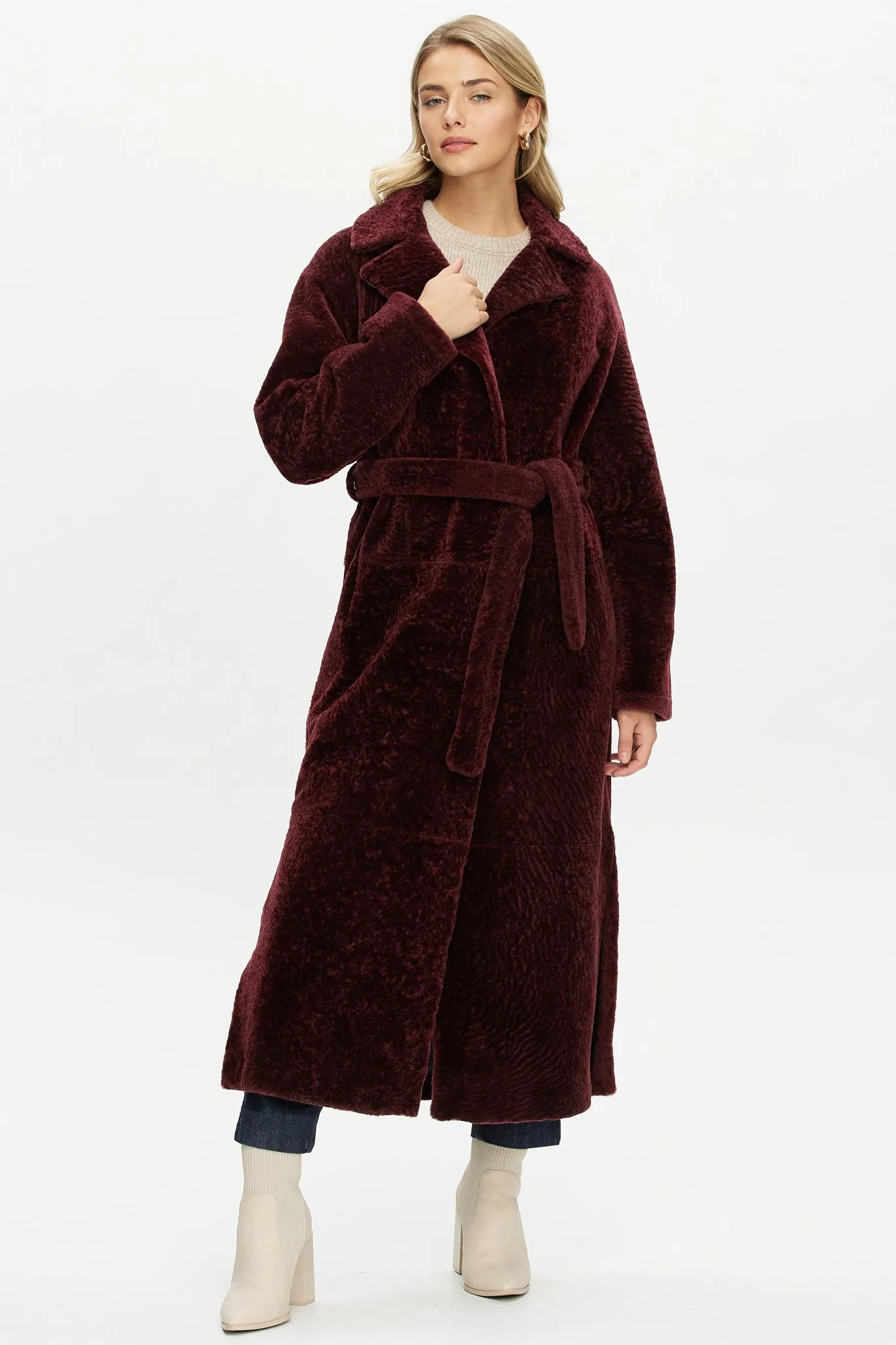 Reversible Select Shearling Lamb Coat with Side Slits and Belt