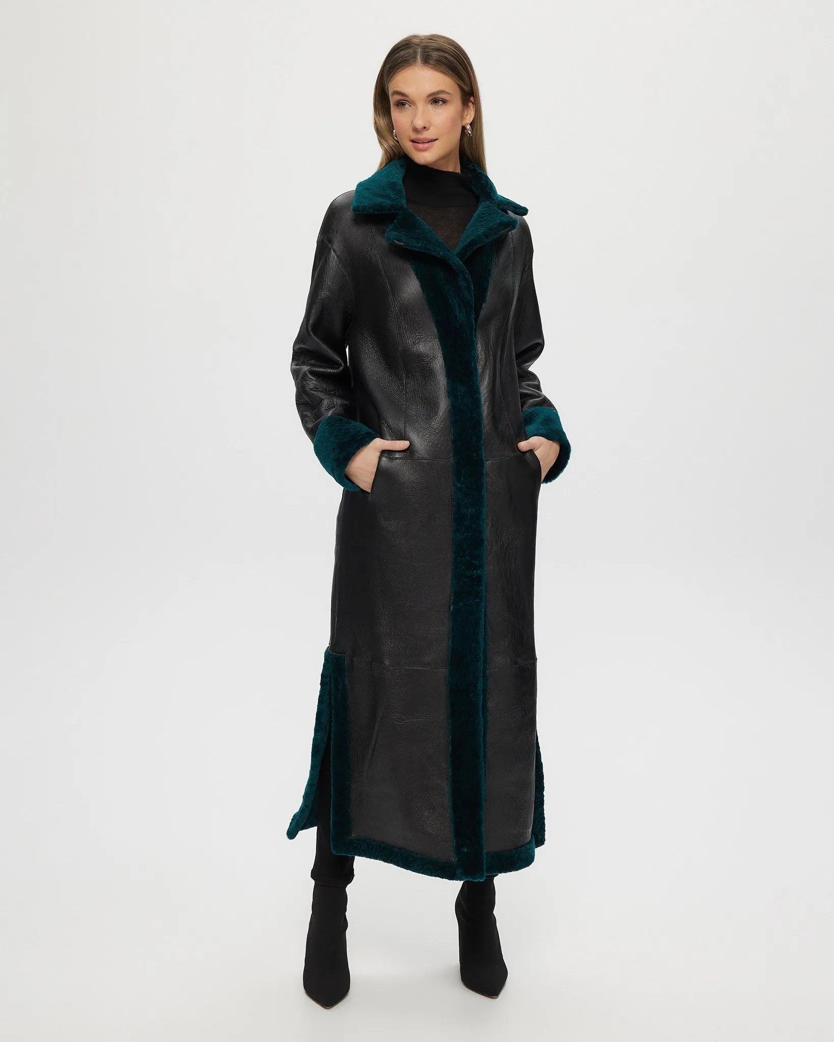 Reversible Select Shearling Lamb Coat with Side Slits and Belt