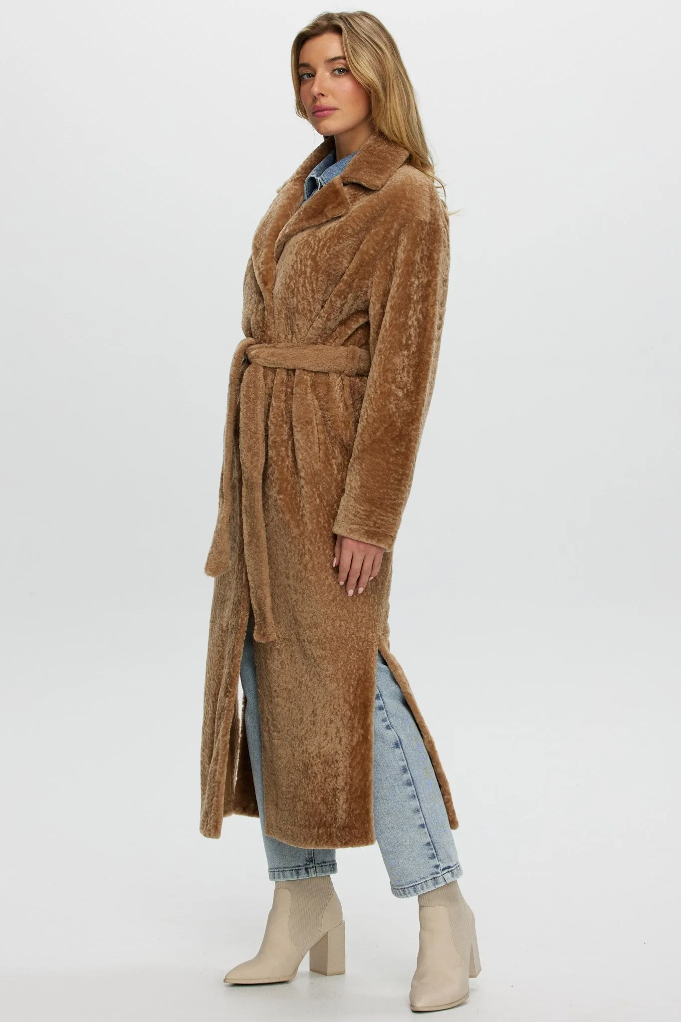 Reversible Select Shearling Lamb Coat with Side Slits and Belt