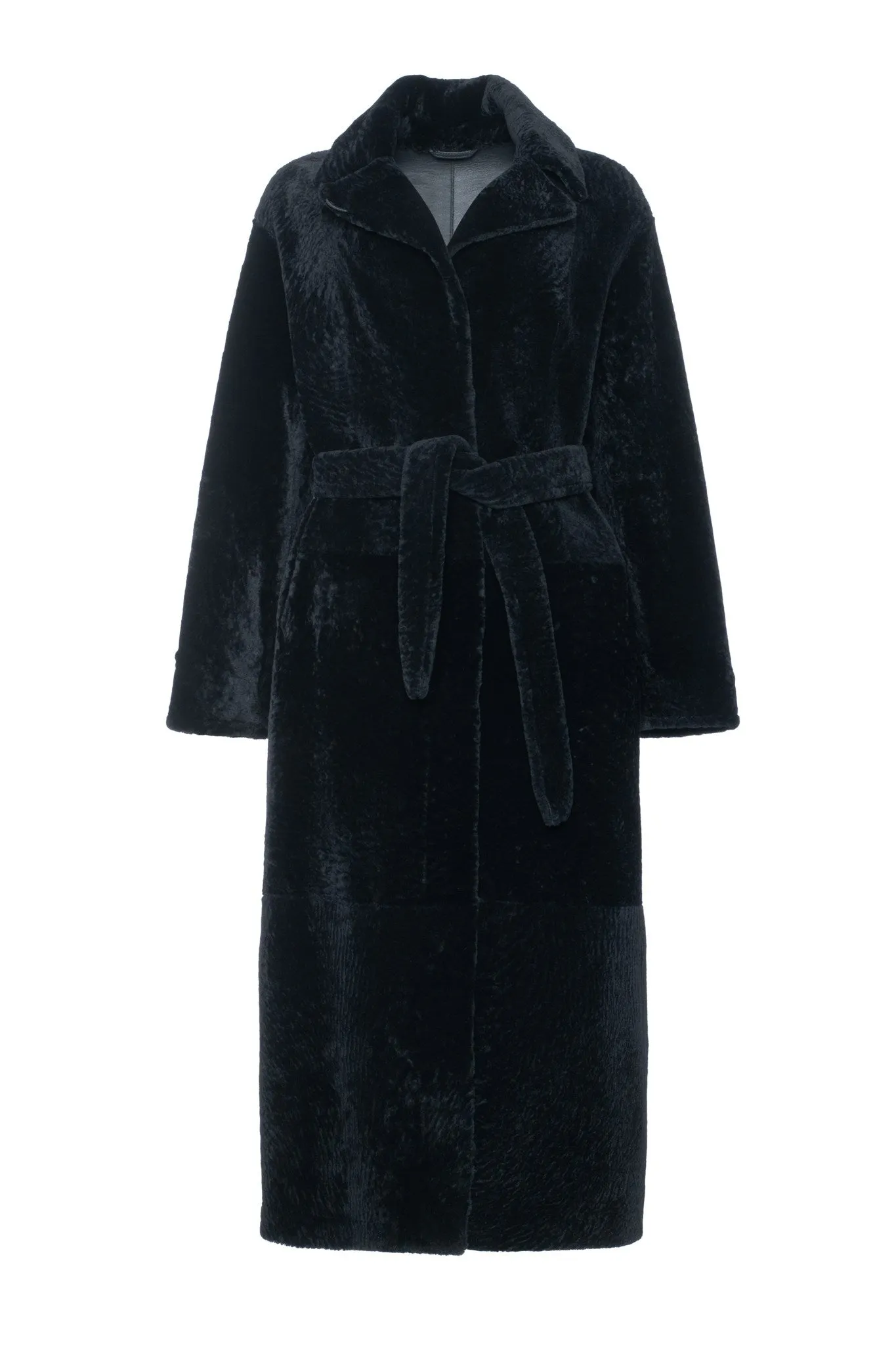 Reversible Select Shearling Lamb Coat with Side Slits and Belt